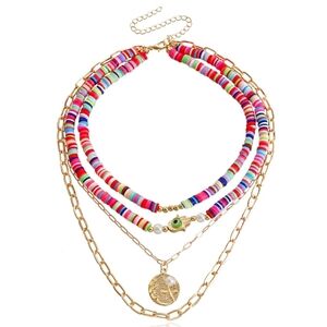 Multicolor Beaded Layered Necklace with Gold Chains